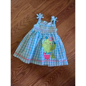 Nannette Baby Blue Gingham Cactus Embroidered Smocked Dress 3-6 Months